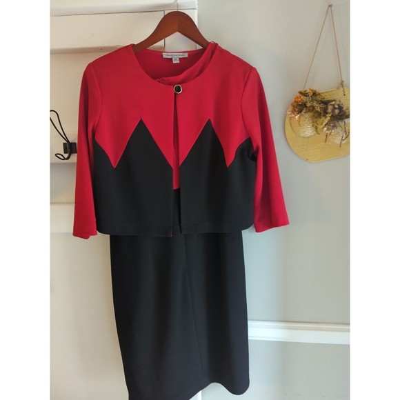Vintage Danny & Nicole Women's 16P Red & Black Dress Suit Set Cropped Jacket - Picture 2 of 11
